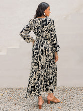 Smocked Printed Tie Neck Long Sleeve Dress OutfitFlow